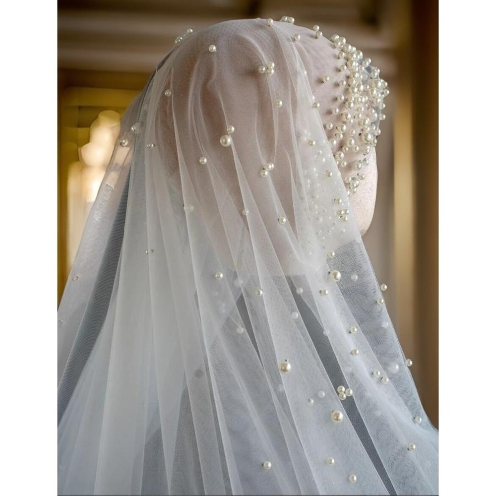 New Pearl 2 Layer Bridal Veil Hijab Scarf Hair Cover Wedding Bridal Ivory Beaded - Picture 4 of 5